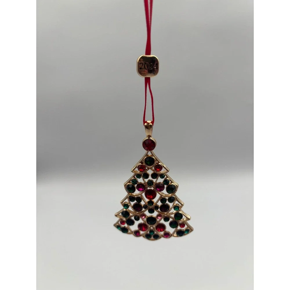 Monet 2024 Christmas Tree Ornament Gold Tone Multi Color Rhinestone Collectible